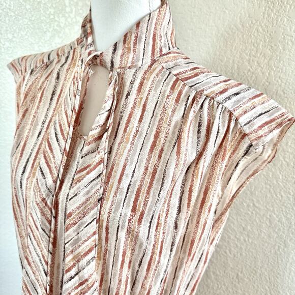 70s Lynn Davis Sz 14 Rust Red Midi Dress Tie Neck Striped Secretary Boho Retro - Picture 2 of 16